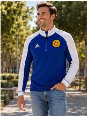 Adidas Smiley Face Quarter Zip Pullover Blue White Climalite Men's L